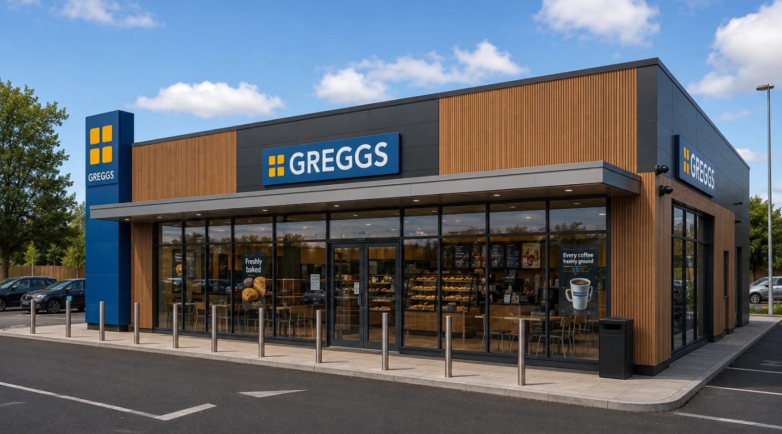 Visualisation of a single-storey Greggs unit with timber-slat and dark cladding, full-height glazing and a canopy, on a roadside car park under a blue sky