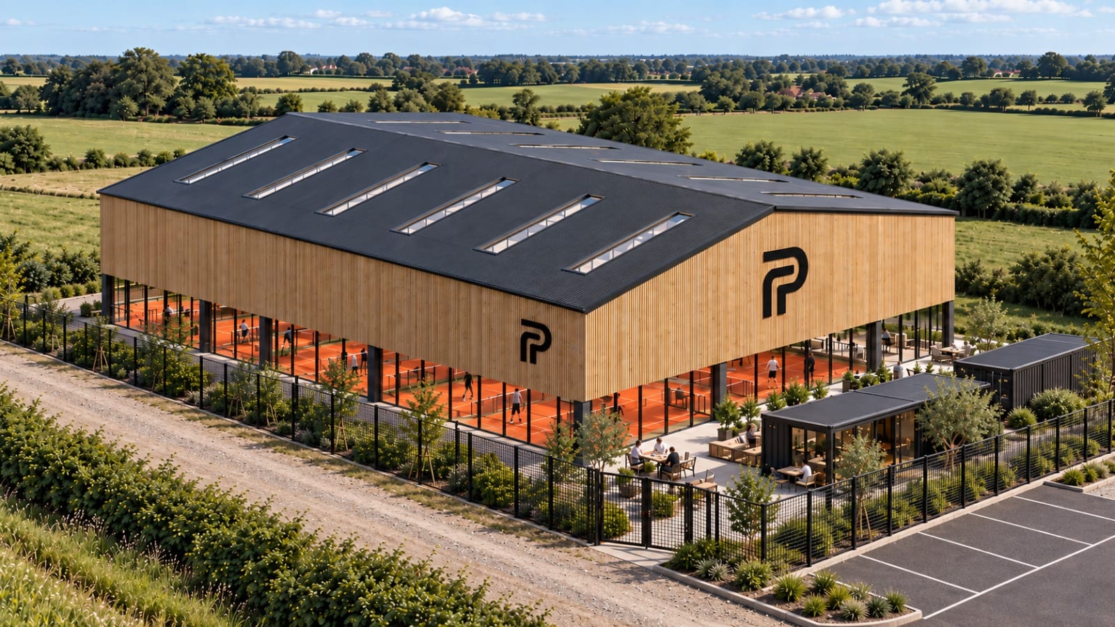 Aerial visualisation of a timber-clad padel barn with a pitched dark roof and rooflights along the ridge, orange indoor courts visible through full-height glazing, a small clubhouse and terrace beside it and farmland beyond