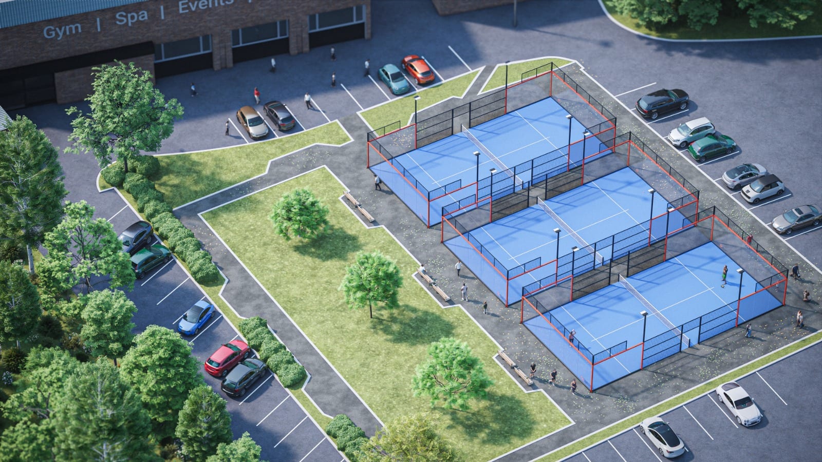 Visualisation of three enclosed padel courts beside an Everybody Health & Leisure centre car park, with a landscaped lawn and tree planting between the courts and the building