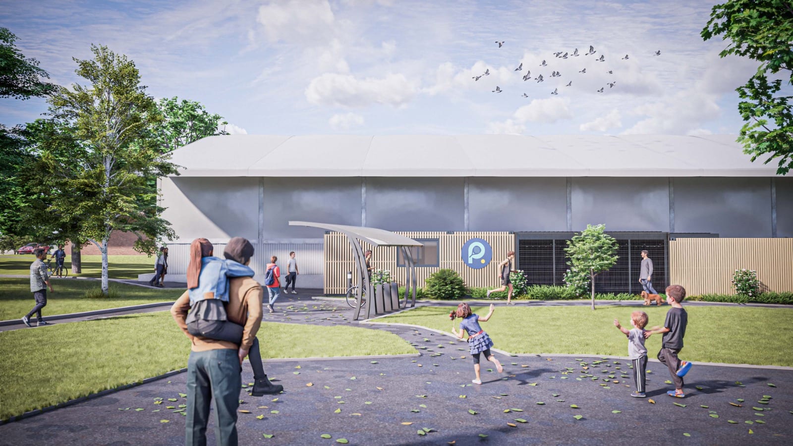 Visualisation of a covered padel hall in a park: a white tensile roof over a grey-clad building, a curved entrance canopy with cycle stands, and families on the path in front.