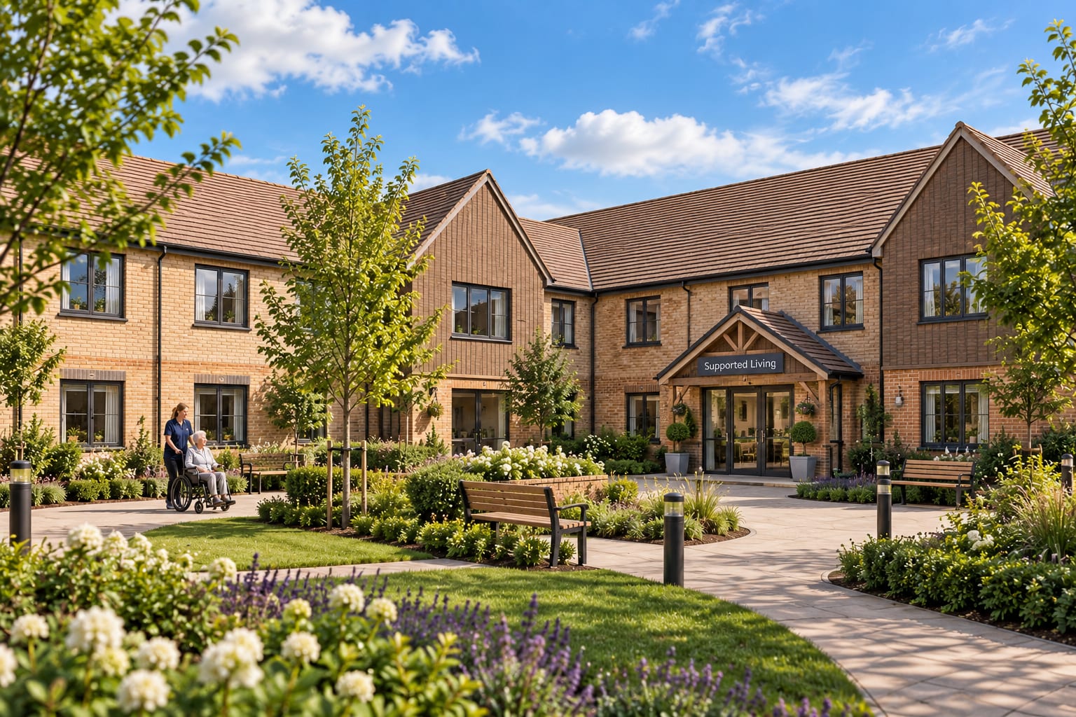 A supported living scheme in brick and tile with a signed entrance canopy, a carer walking with a resident through planted gardens