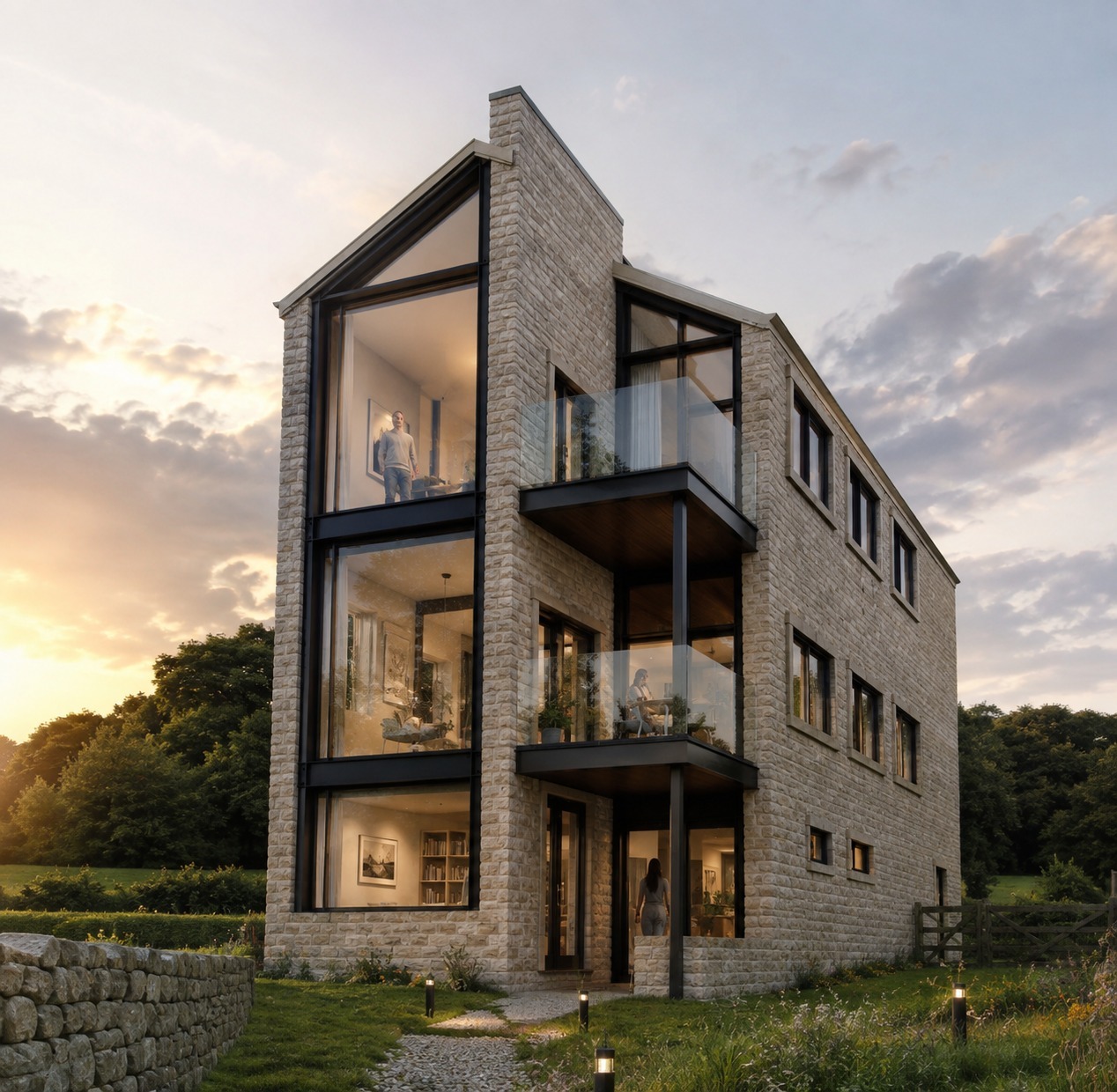 Visualisation of the rear of the house at dusk: three storeys in stone with full-height glazing and cantilevered balconies facing the Calder valley, behind a dry stone wall